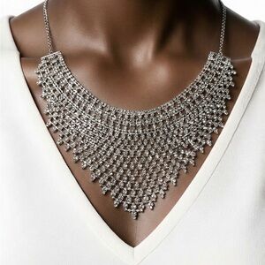 Silver Crystal Statement Bib Necklace - Elegant Women Jewelry